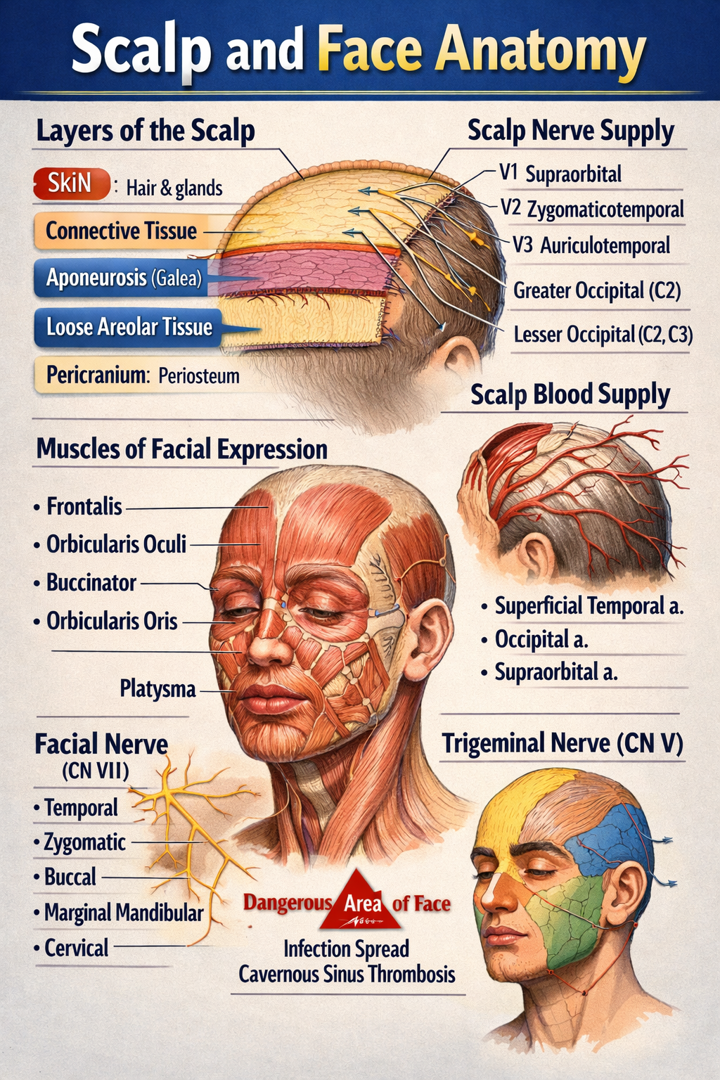 Illustration of Scalp and Face Anatomy Complete Structure Nerves Blood Supply and Clinical Correlation symptoms
