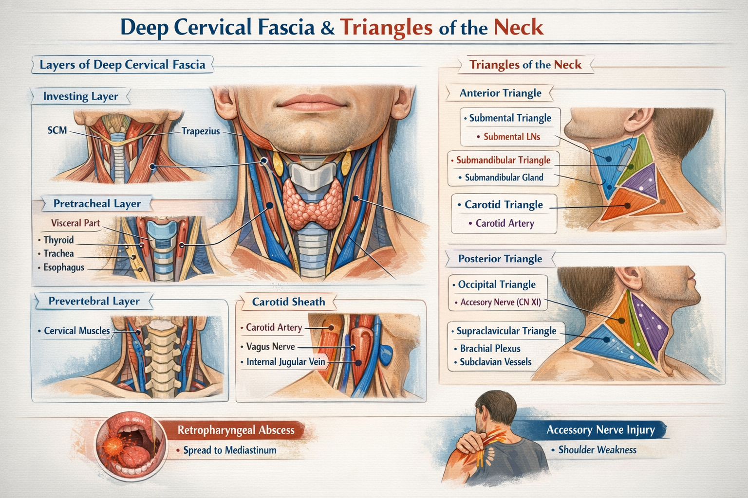 Illustration of Deep Cervical Fascia and Triangles of the Neck Anatomy Explained in Detail symptoms