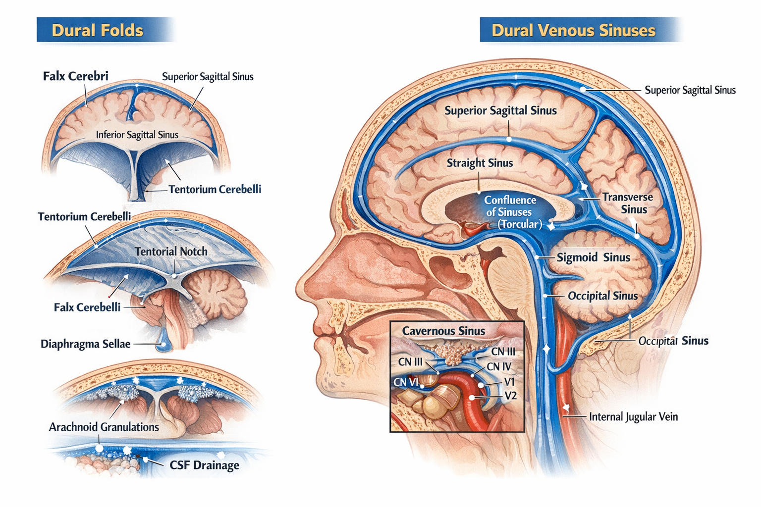 Illustration of Dural Folds and Dural Venous Sinuses Anatomy, Features and Clinical Significance symptoms