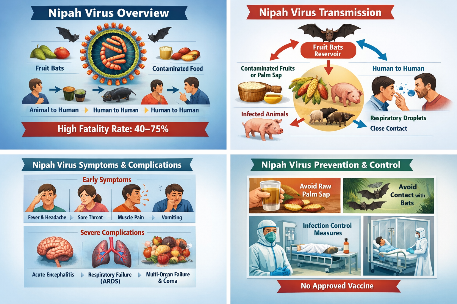 Illustration of Nipah Virus Disease Overview Symptoms Causes Diagnosis Treatment and Prevention symptoms