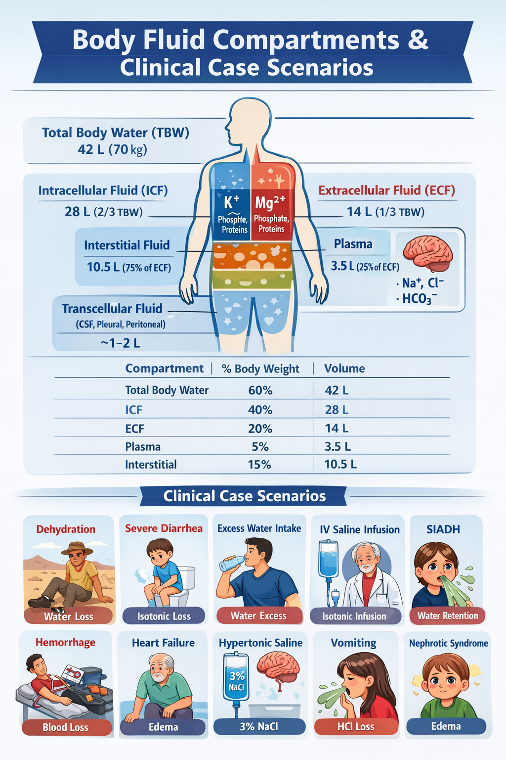 Illustration of Body Fluid Compartments Explained with Clinical Case Scenarios and Fluid Shifts symptoms