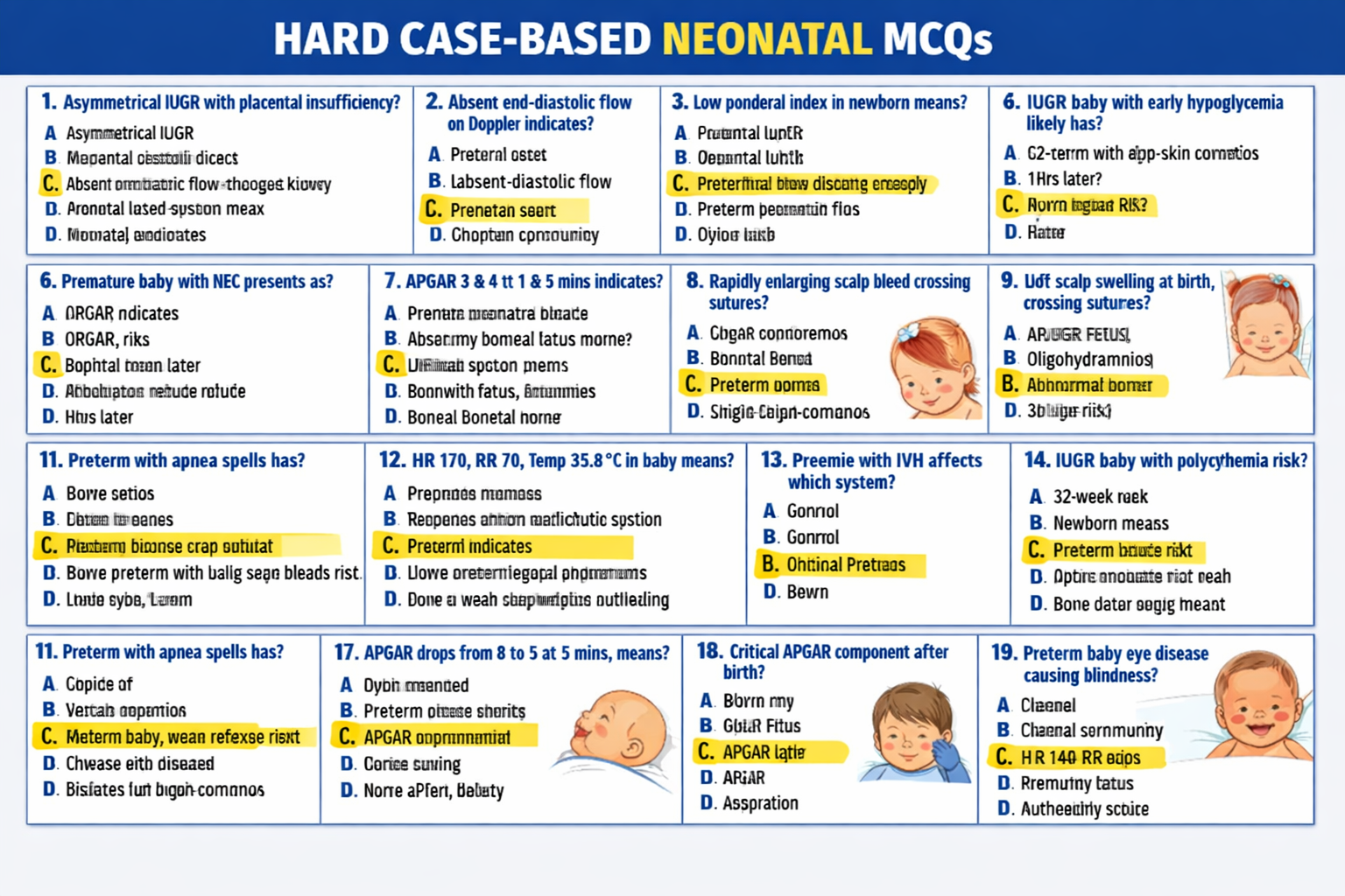 Illustration of Normal Newborn Assessment, IUGR Evaluation, APGAR Score, Preterm Complications, Head Swellings symptoms